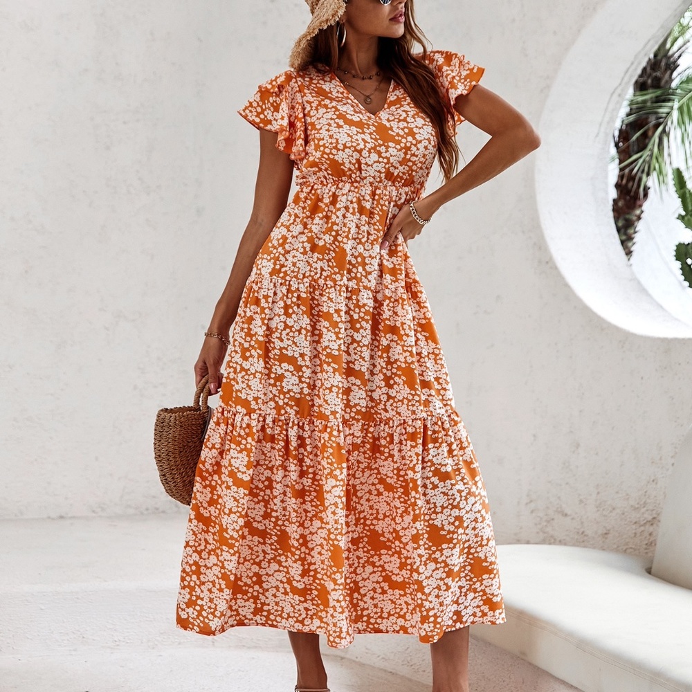 Boho Floral Butterfly Sleeve Dress V neck Blue 90s - Picture 10 of 14